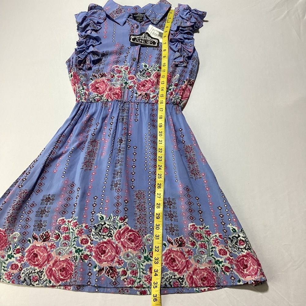 Angie Blue and Pink Floral Patterned Dress with Ruffle Sleeves - Picture 7 of 10